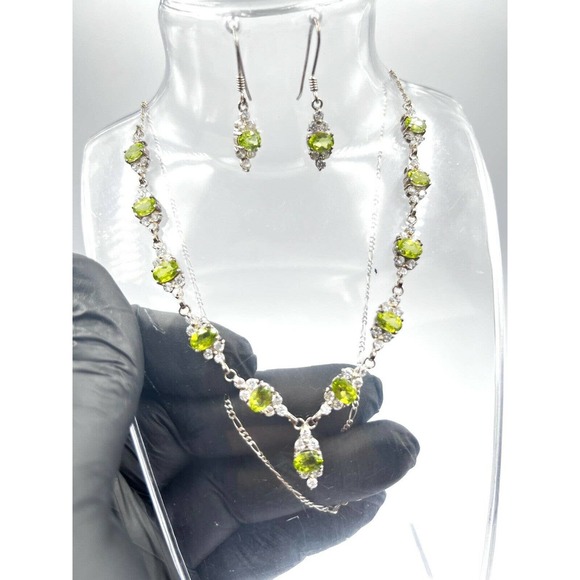 Natural Peridot Gemstone 925 sterling silver Handmade necklace Set Earning Ring - Picture 2 of 9